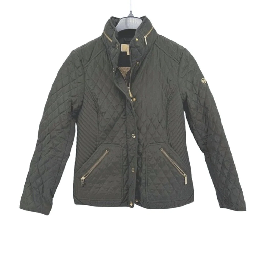 MICHAEL KORS Quilted Puffer Jacket Zip Hoodie Olive Green Pre-Owned Womens Small